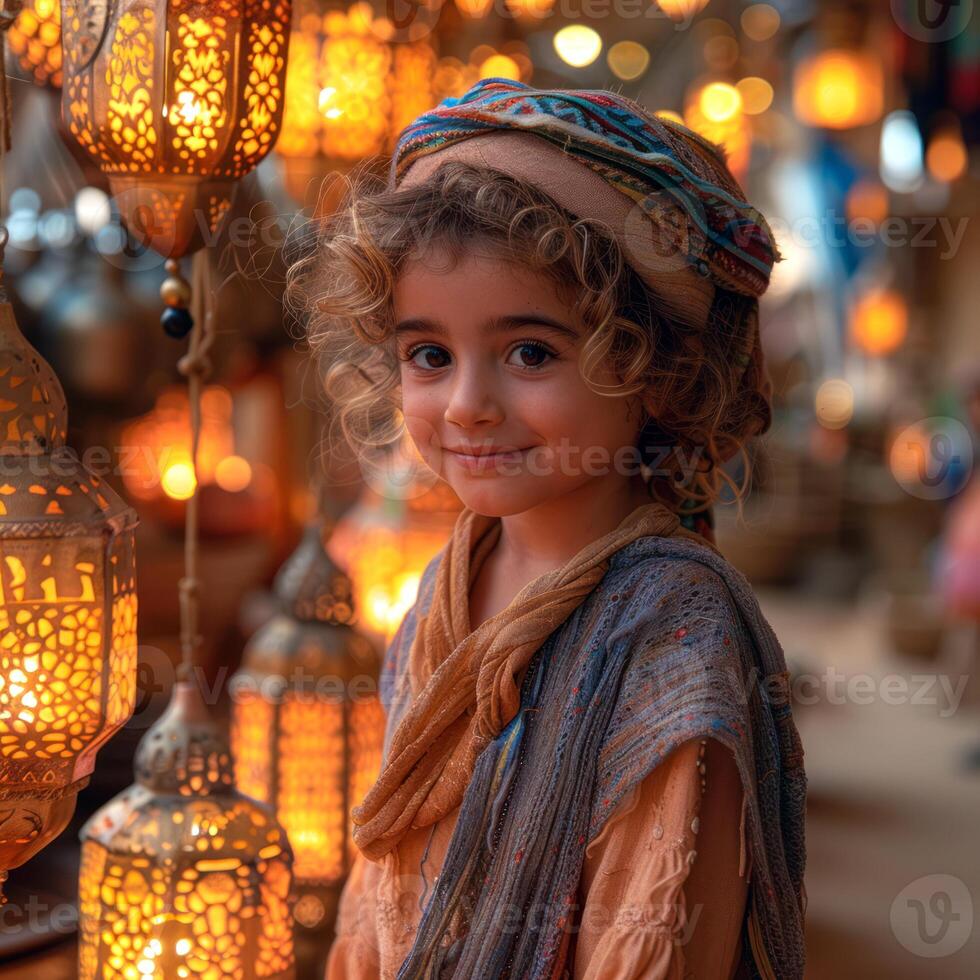 ai generado ai generativo foto de un contento musulmán chico con Ramadán linternas en calles