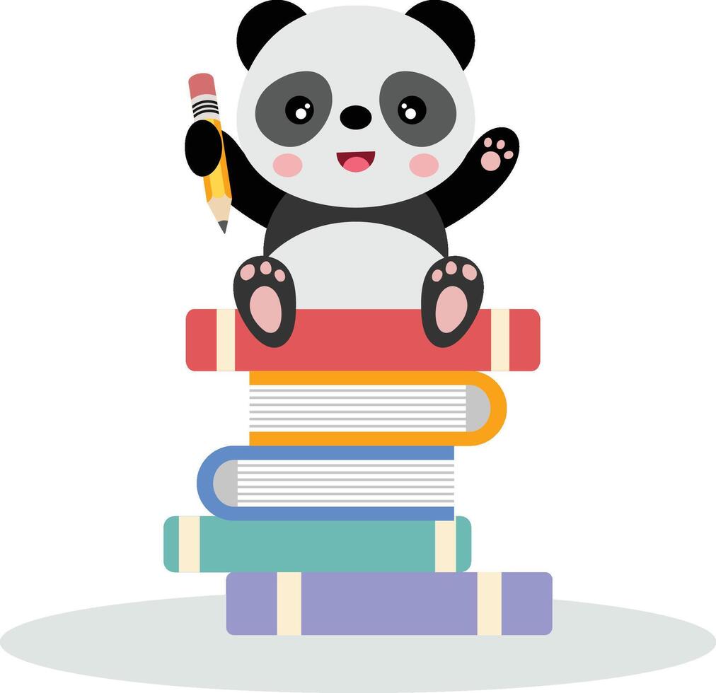 linda panda estudiante participación lápiz en parte superior de libros vector