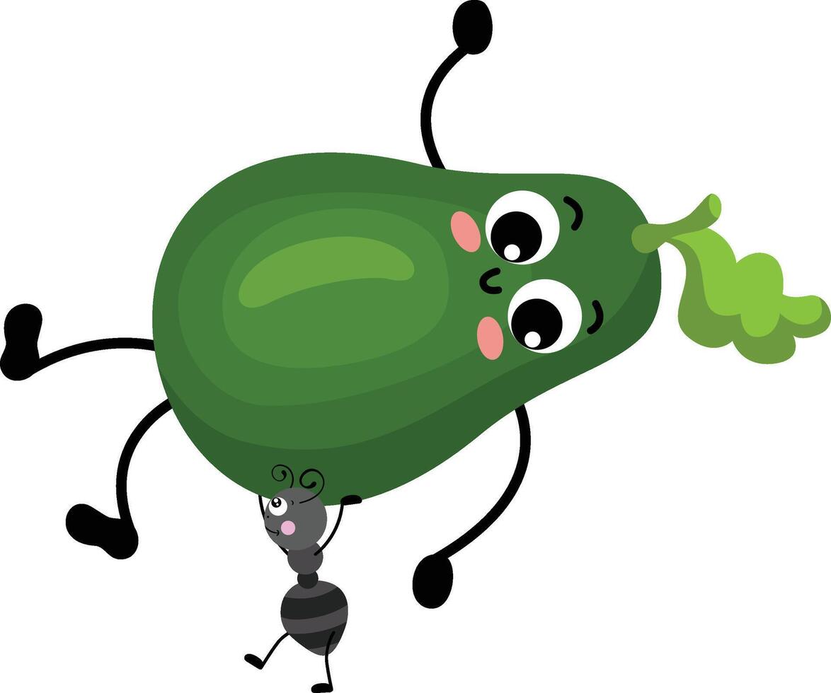 linda hormiga que lleva un gracioso aguacate mascota vector