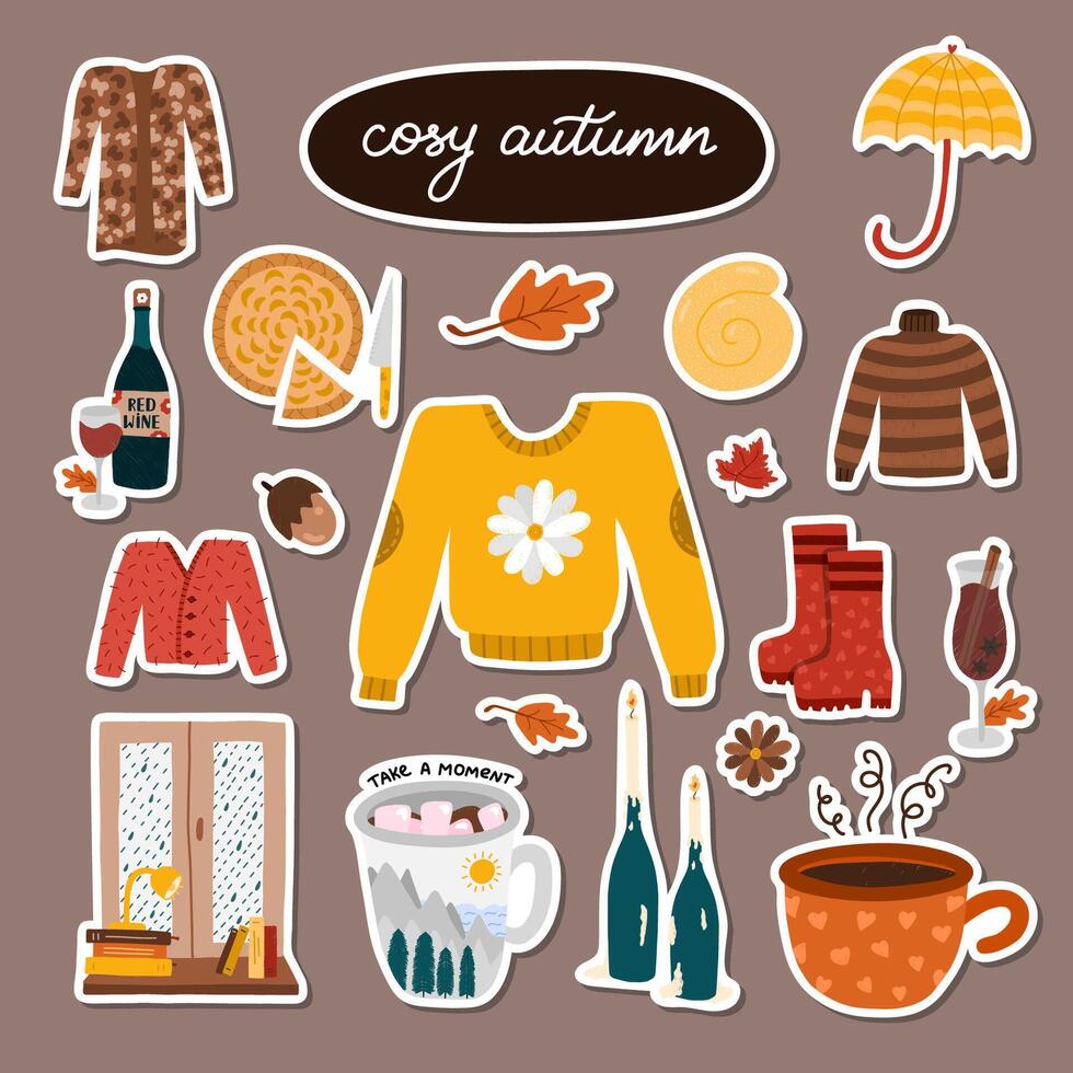 Big set of stickers with cozy illustration of red autumn for planners. Ready for print list of cute stickers. Colorful fall in modern style. Hand drawn clipart of seasonal clothes, food, decor. vector
