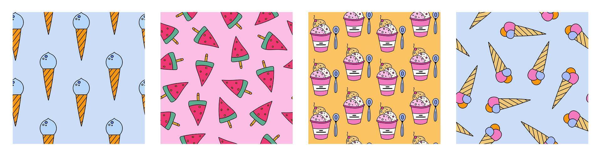 Set of simple seamless pattern with summer doodles. Cute print with hand drawn vacation clipart. Cute wallpaper print for fabric design with symbols of summer holiday, tropical beach, hot weather. vector