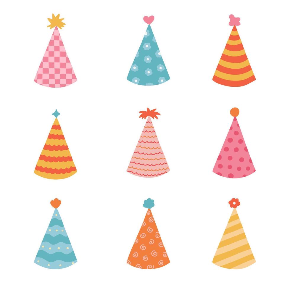 Cute set with simple birthday party hat in bright color with pompon above. Party cone and Christmas cap with cute decoration. Hand drawn vector colorful doodle isolated on white background