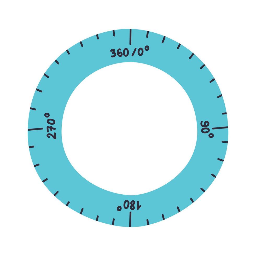 Cute hand drawn plastic circular protractor ruler. Cartoon tool for drawing and measurement degrees. School supply and stationery for kids, study, education and work. Vector clipart isolated on white.