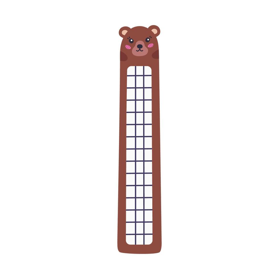 Hand drawn clipart of kawaii bookmark with face of brown bear for kids. Cartoon stationery for books and reading with bear head. Bookmark with cute animal. Colorful doodle of back to school supply vector