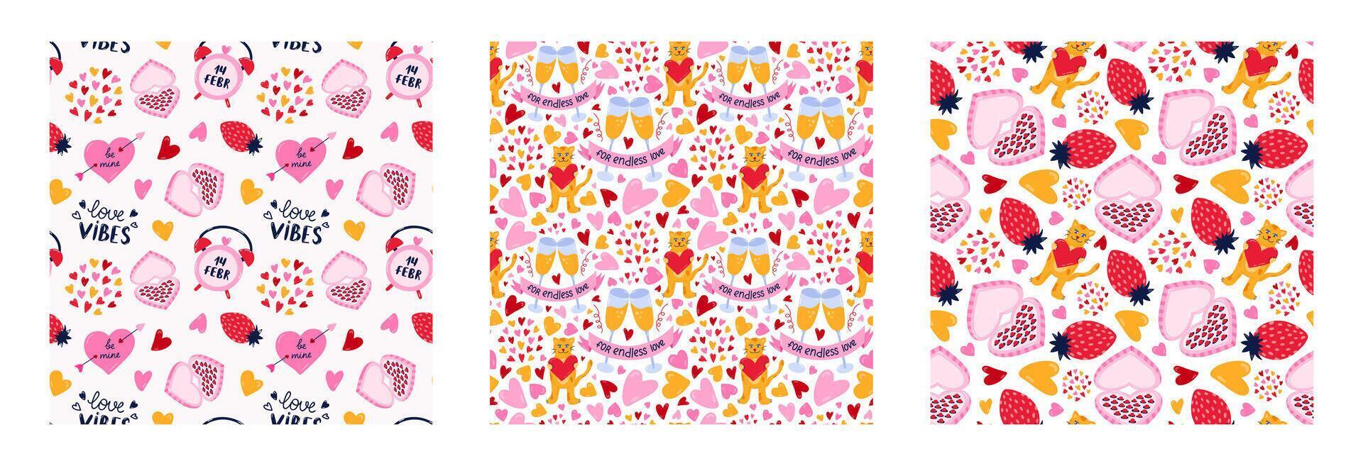 Set of romantic seamless pattern for Valentine's day. Simple print with hand drawn doodles about romance and love . Cute wallpaper print for fabric design for 14 February. Creative background vector