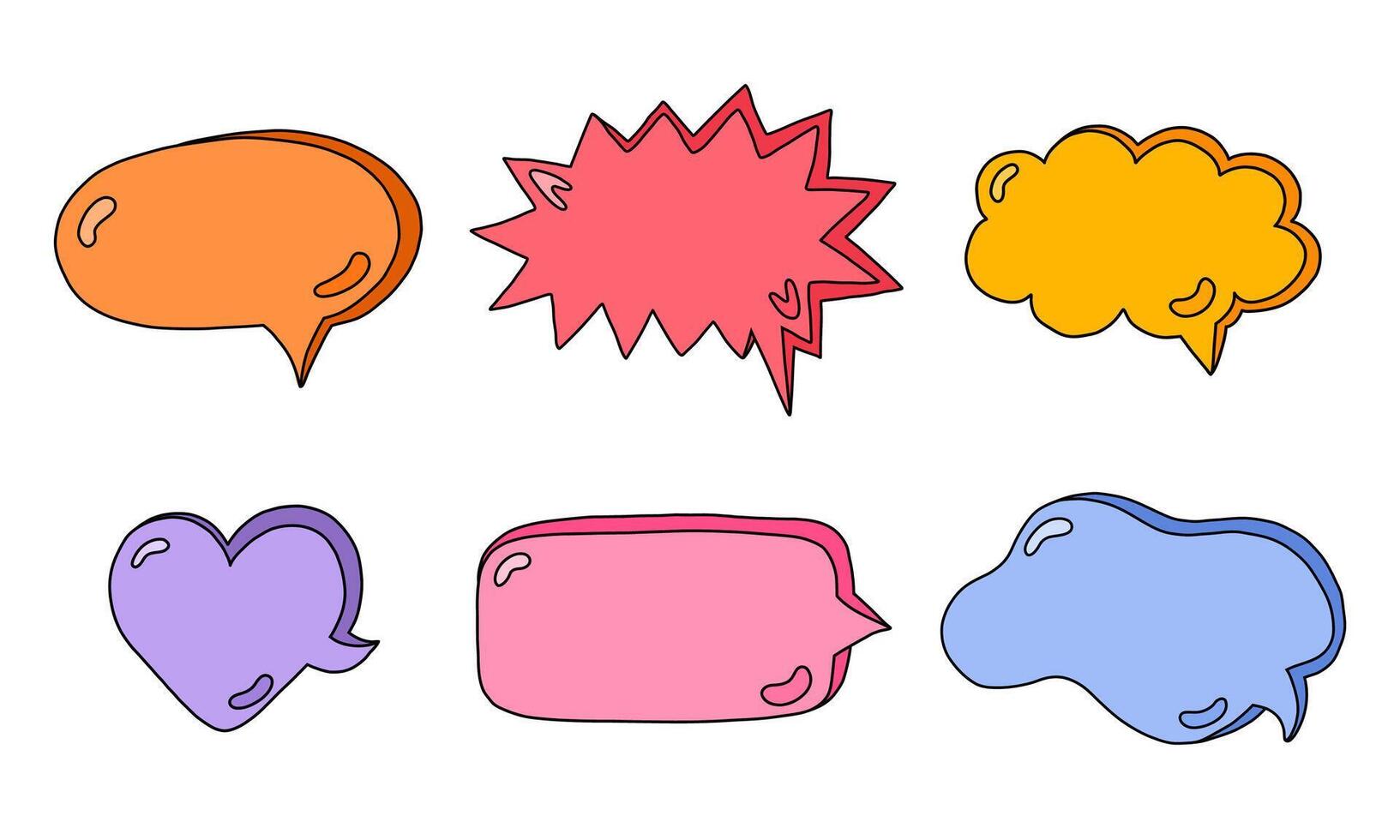 Hand drawn speech bubbles set. Empty online chat clouds in the different shapes. Oval, round, square, cloud, heart shaped bubbles for text, talk phrases, information. Colorful isolated doodles. vector