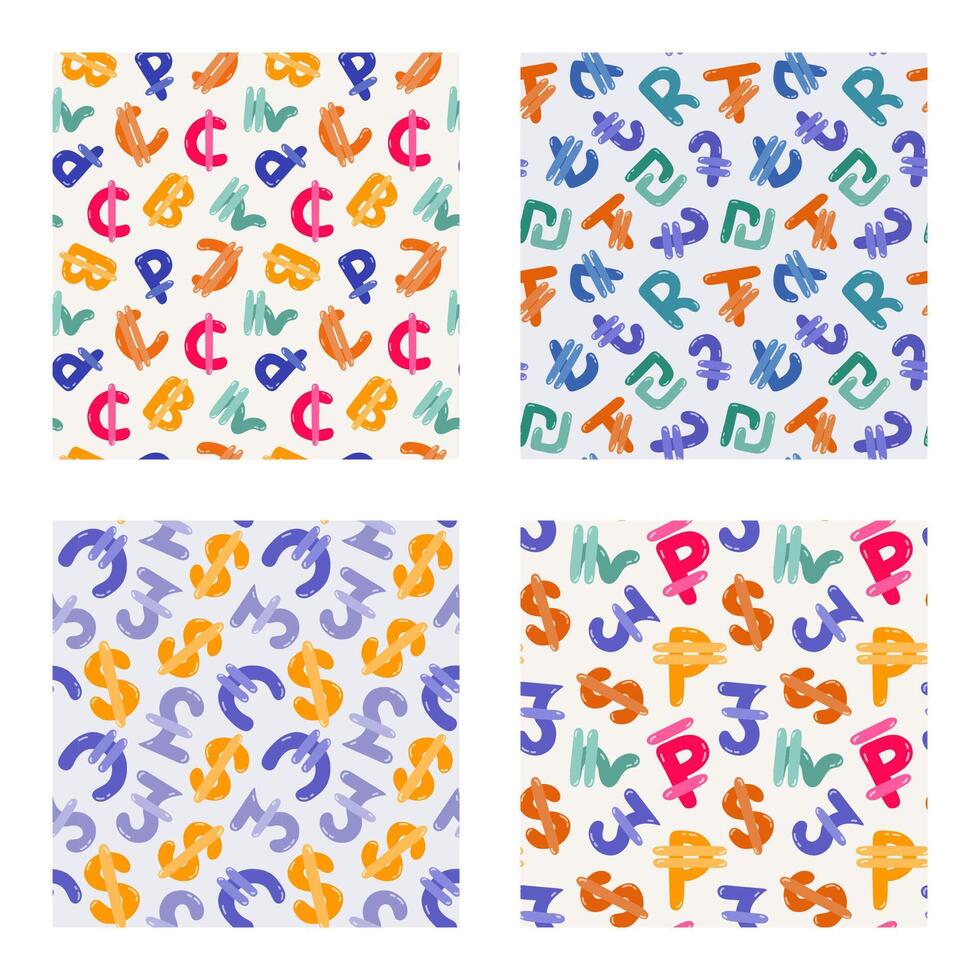 Bundle of playful simple seamless pattern with international currency symbols. Bright background with hand drawn doodle of money signs in naive style for wrapping paper, background, fabric, scrapbook. vector