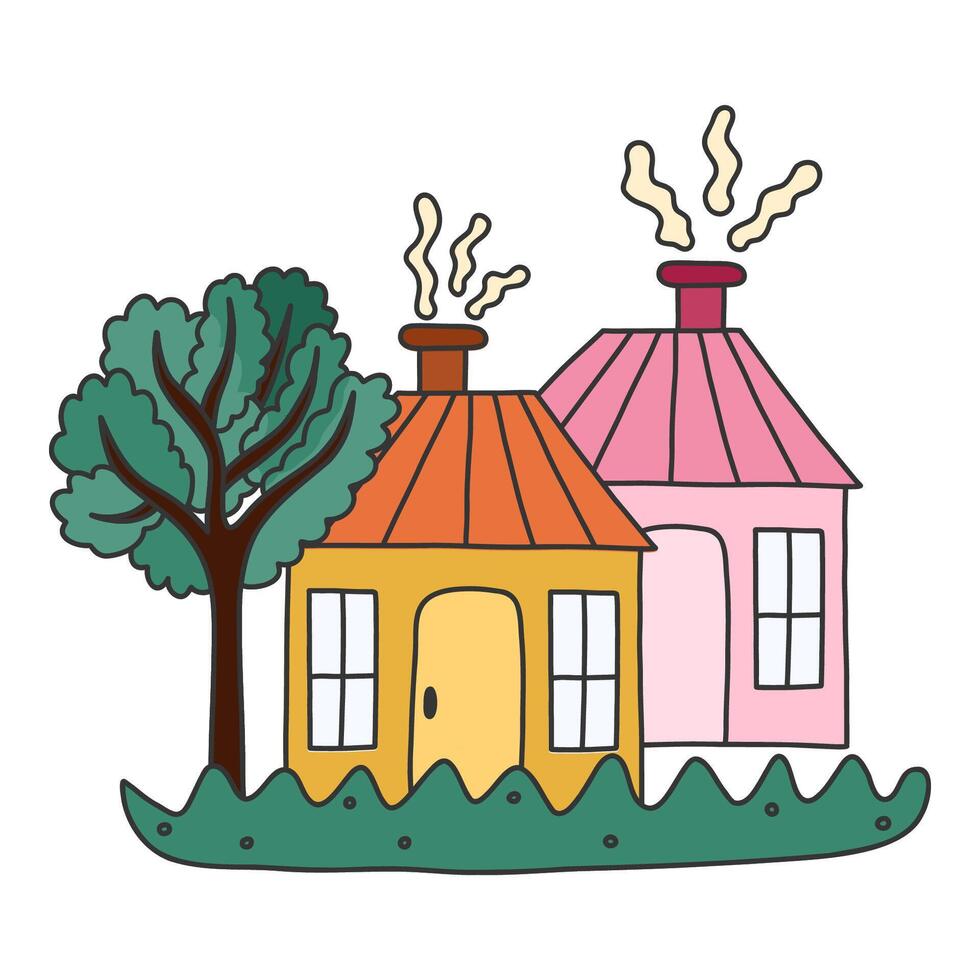 Cute hand drawn country house with door, window, chimney. Cozy village cottage with tree and lawn for kid's bedroom or nursery design. Exterior of home, village buildings, countryside home landscape vector