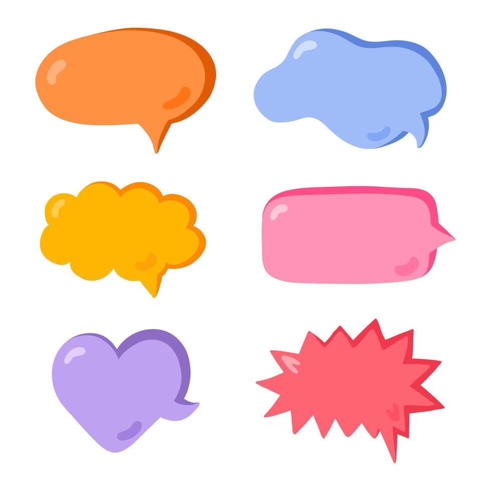 Hand drawn speech bubbles set. Empty online chat clouds in the different shapes. Oval, round, square, cloud, heart shaped bubbles for text, talk phrases, information. Colorful doodles isolated. vector