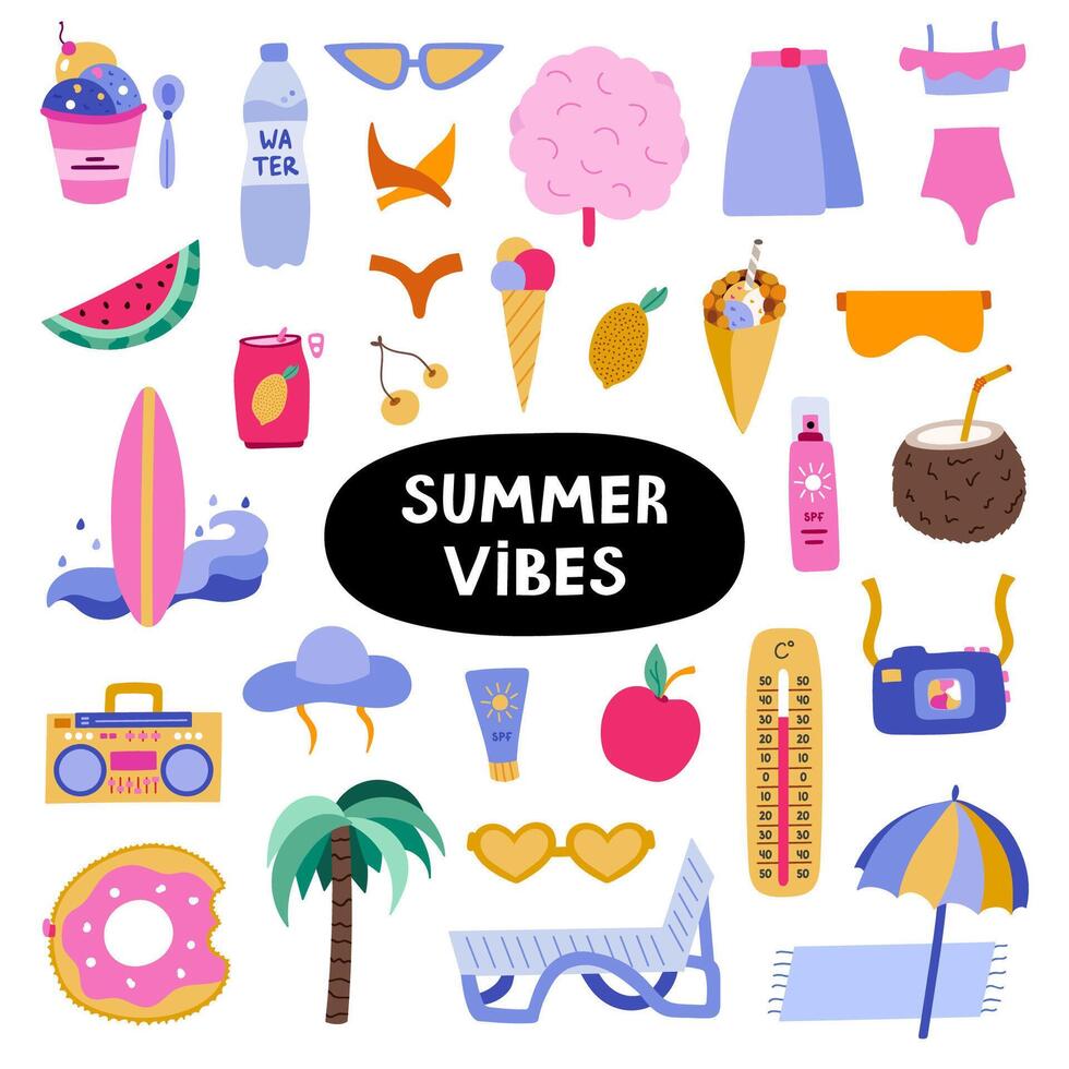 grande de moda conjunto acerca de verano día festivo, tropical playa, caliente clima, verano descansar. mano dibujado vector vacaciones conjunto en plano estilo. aislado garabatear y clipart. estacional bebidas, entretenimiento, trajes