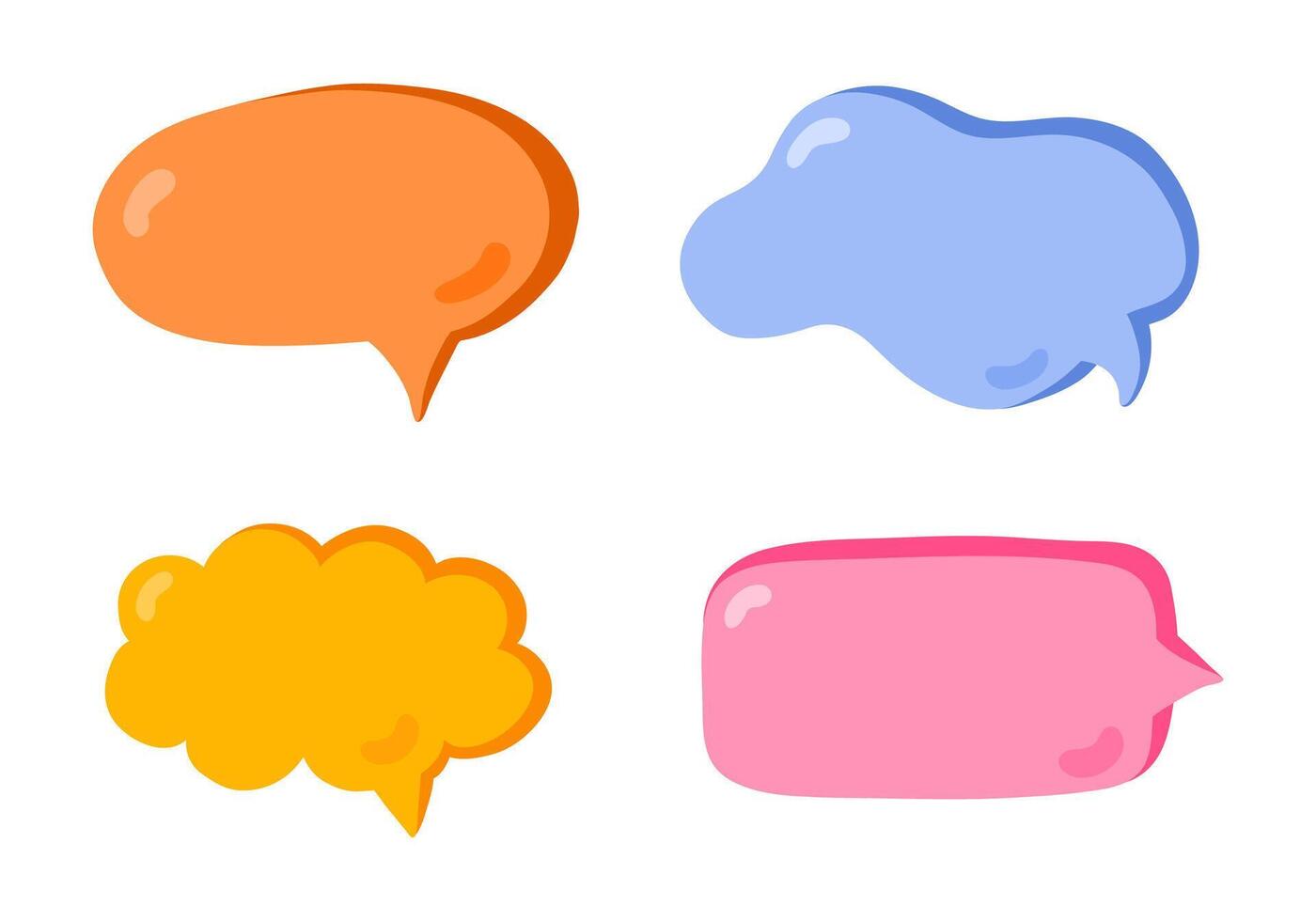 Hand drawn speech bubbles set. Empty online chat clouds in the different shapes. Oval, round, square, cloud, heart shaped bubbles for text, talk phrases, information. Colorful doodles isolated. vector