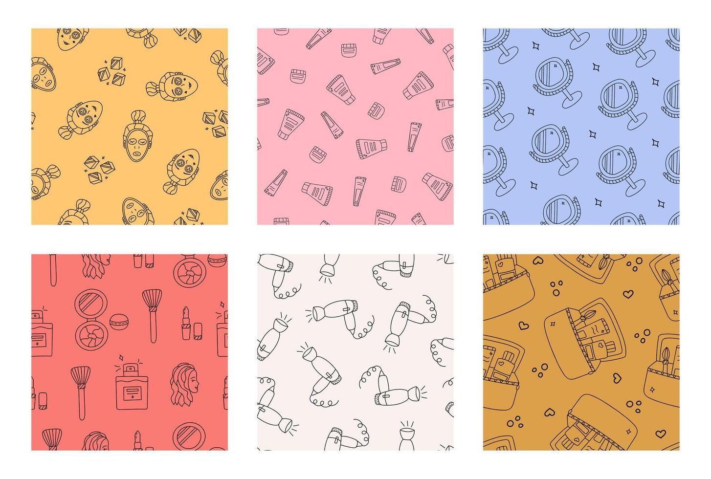 Set of simple seamless pattern with woman cosmetic products. Cute print with hand drawn doodles about skincare. Cool wallpaper print for trendy fabric design. Creative beauty background. vector