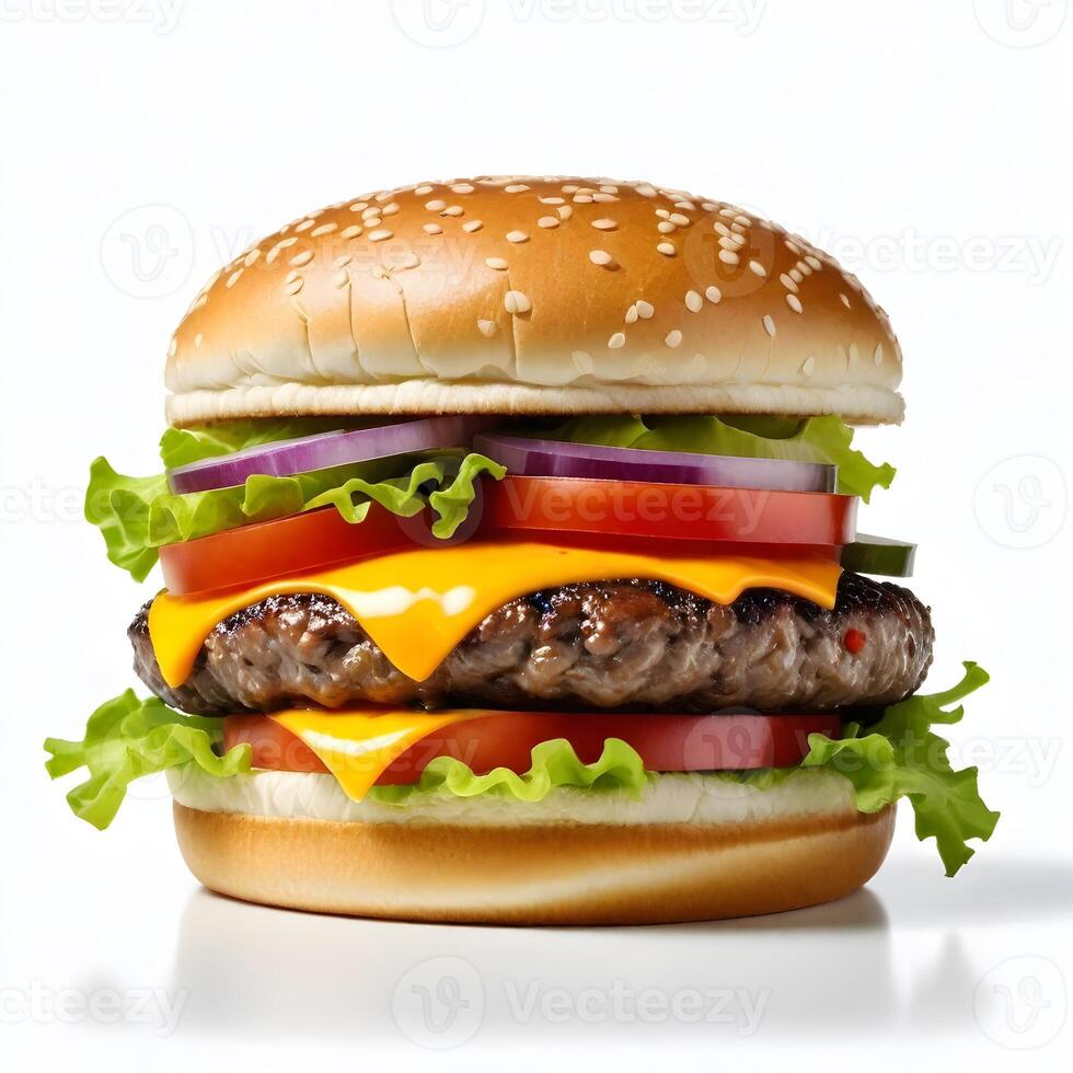 AI generated Tasty burger isolated on white background fresh hamburger fastfood with beef and cheese photo