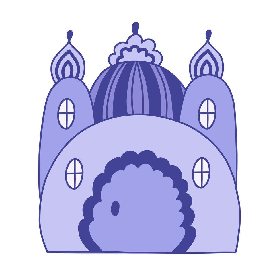 Cute patterned fairy tale castle with towers of kings and queens. Magic medieval castle for kids nursery, children posters, bedroom design. Vector hand drawn doodle of royal kingdom