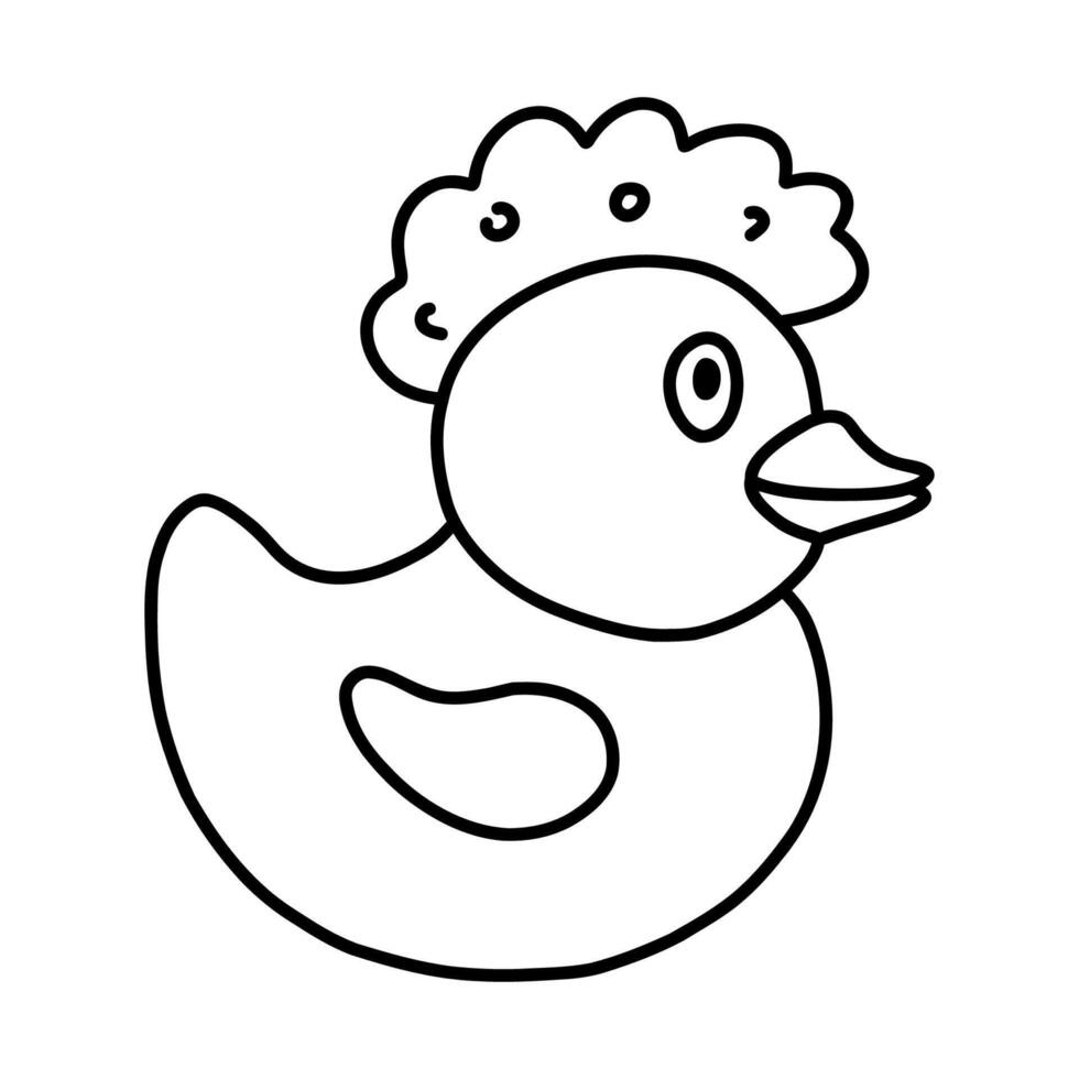 Cute bath duck with a bubble on the head. Handdrawn clipart of duck toy for playing during taking a shower and bathe. Simple funny doodle with hand drawn outline isolated on white. vector