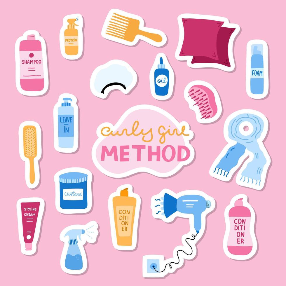 Big set of stickers about Curly Girl Method for planners, notebooks. Ready for print list of cute stickers. Cosmetic products, accessories and bottles for healthy curly, wave hair. Creative clipart. vector