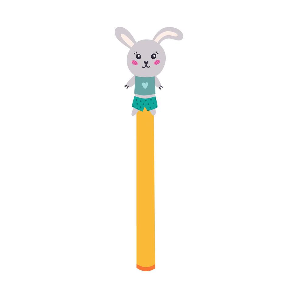 Kawaii hand drawn pen with cute bunny in t shirt and shorts on the cap in cartoon style. Kids ball ink pen with rabbit head for drawing and writing. Back to school supply. Stationery for study, work vector