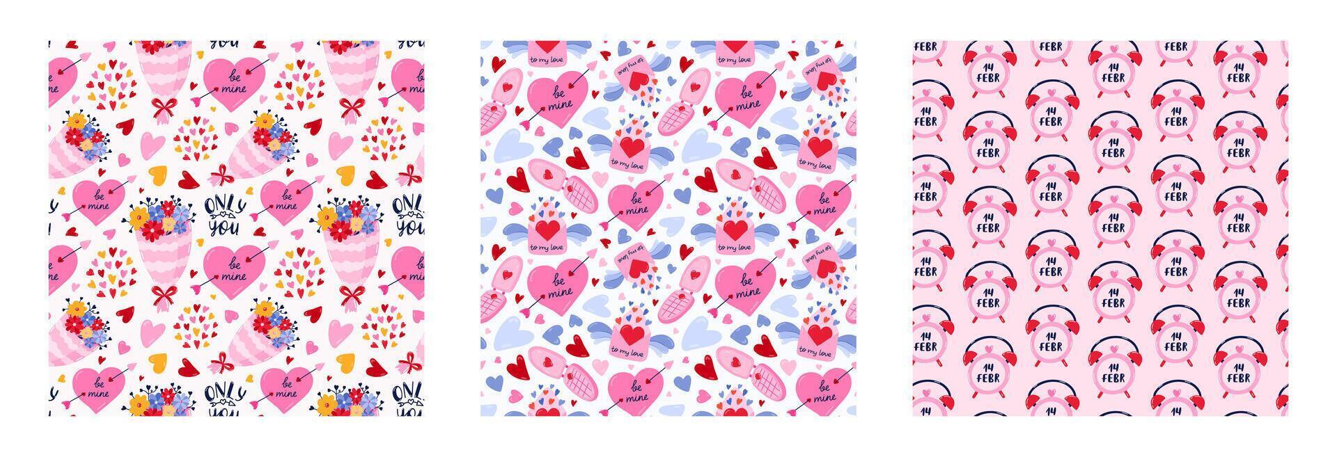 Set of romantic seamless pattern for Valentine's day. Simple print with hand drawn doodles about romance and love . Cute wallpaper print for fabric design for 14 February. Creative background vector