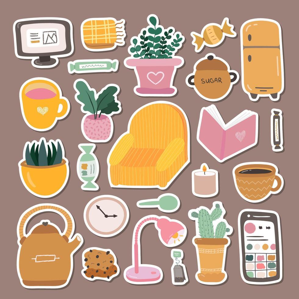 grande conjunto de pegatinas con mano dibujado clipart de acogedor hogar para planificadores, cuadernos Listo para impresión lista de linda pegatinas escandinavo habitación interior decoración. acogedor Departamento con retro sillón, jarra vector