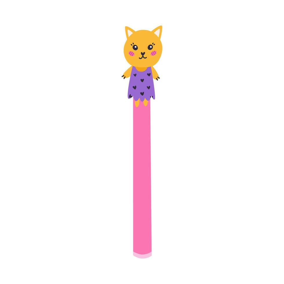 Kawaii hand drawn pen with cute cat in the dress on the cap in cartoon style. Kids ball ink pen with kitty head for drawing and writing. Back to school supply and stationery for study and work vector