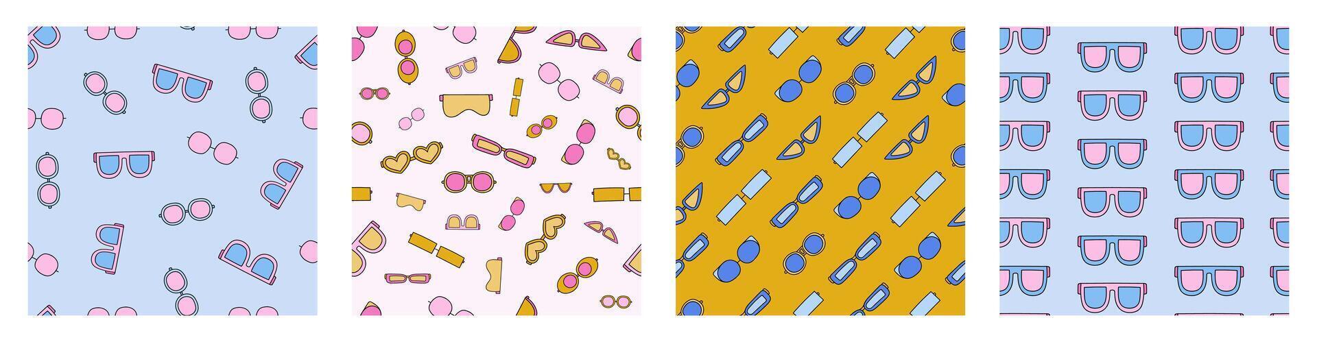 Set of simple seamless pattern with summer doodles. Cute print with hand drawn vacation clipart. Cute wallpaper print for fabric design with symbols of summer holiday, tropical beach, hot weather. vector