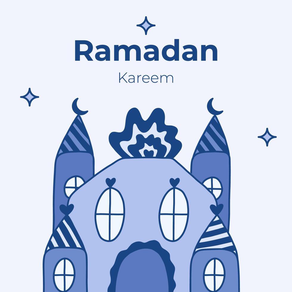 Poster for Ramadan Kareem in childish naive style. Islamic greeting card with mosque, moon crescent, stars in the sky. Template for banner, website design, media for Ramadan month events vector