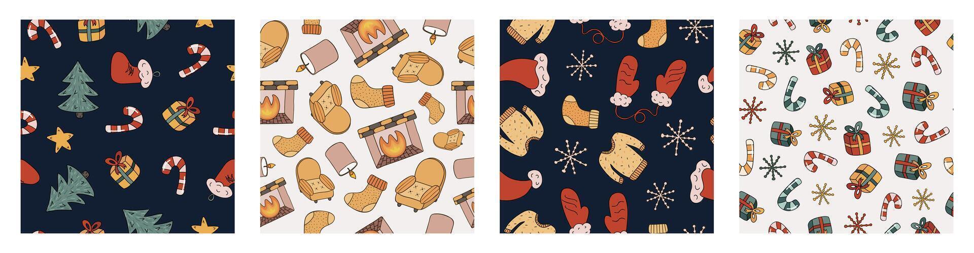Set of simple seamless pattern with Christmas doodles. Cute print with hand drawn winter clipart. Cute wallpaper print for fabric design with symbols of Christmas and New Year. Creative background. vector