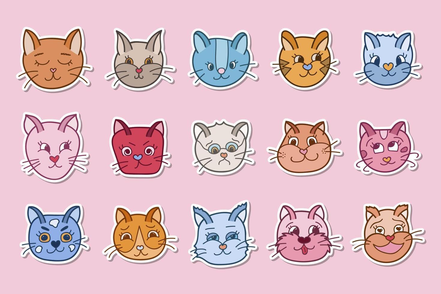 Set of stickers with cute cat faces for planner, notebook. Ready for print list of trendy stickers. Beautiful kitten with different emotions. Sad cat. Smiley face. Funny isolated vector illustration