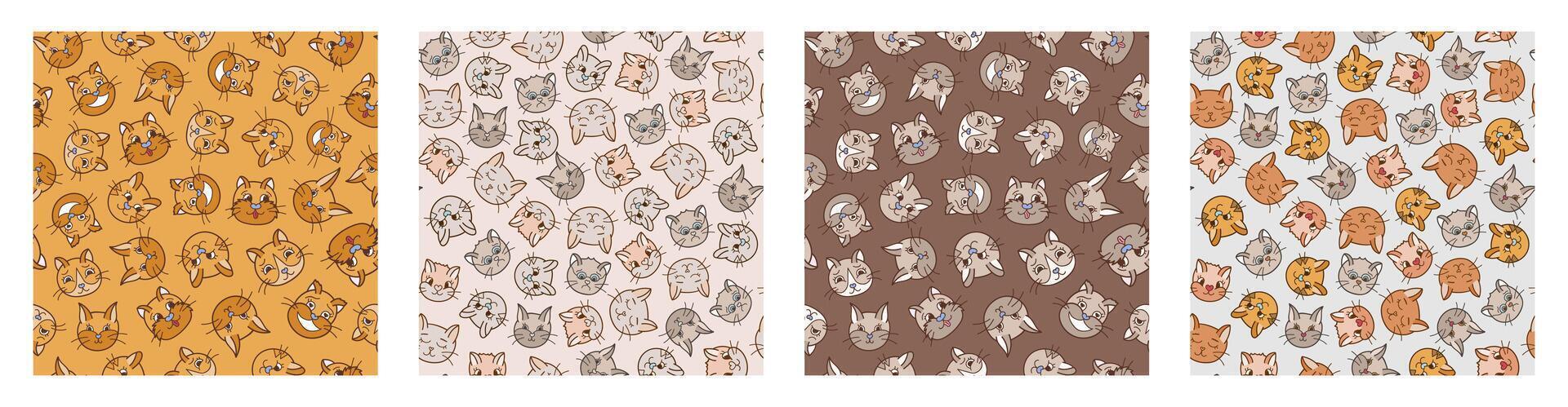 Set of simple seamless pattern with cat's faces close up with different emotions. Cute print with hand drawn doodle kitten. Cute wallpaper print for trendy fabric design. Creative background vector