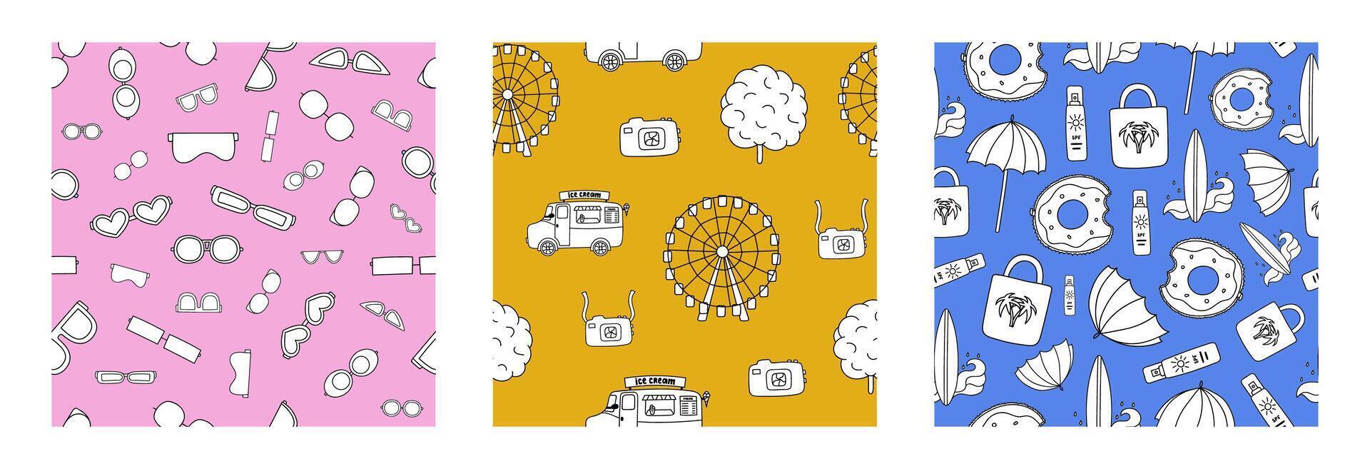 Set of simple seamless pattern with summer doodles. Cute print with hand drawn vacation clipart. Cute wallpaper print for fabric design with symbols of summer holiday, tropical beach, hot weather. vector