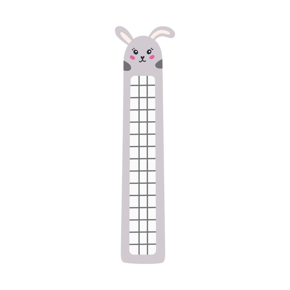 Hand drawn clipart of kawaii bookmark with face of bunny for kids. Cartoon stationery for books and reading with rabbit. Bookmark with cute animal. Vector colorful doodle of back to school supply