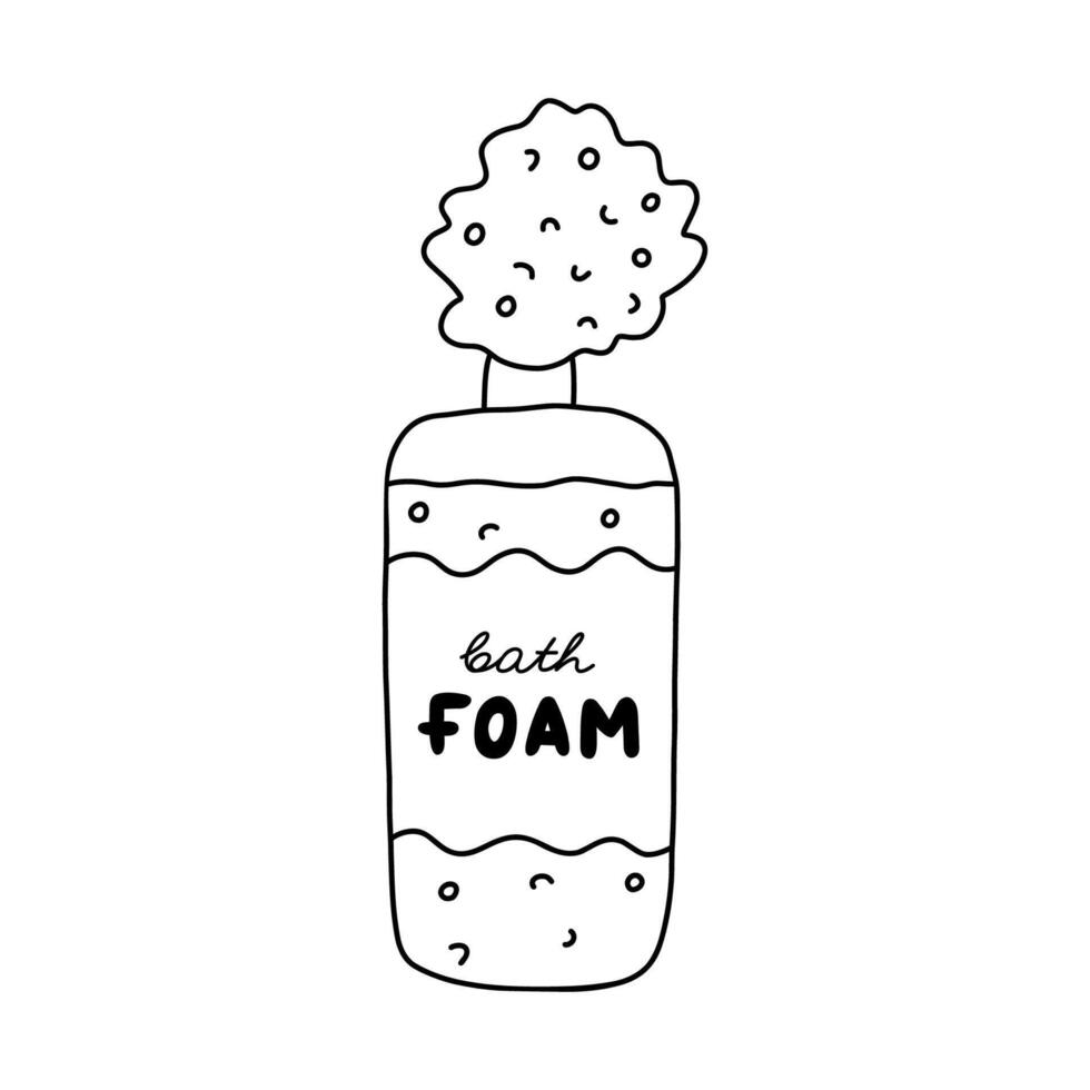 Cute doodle bottle of bath foam shampoo. Blue bath and shower cosmetic for aromatic bathe with bubbles. Plastic bottle of foam for relaxation. Simple clipart with hand drawn outline isolated on white vector