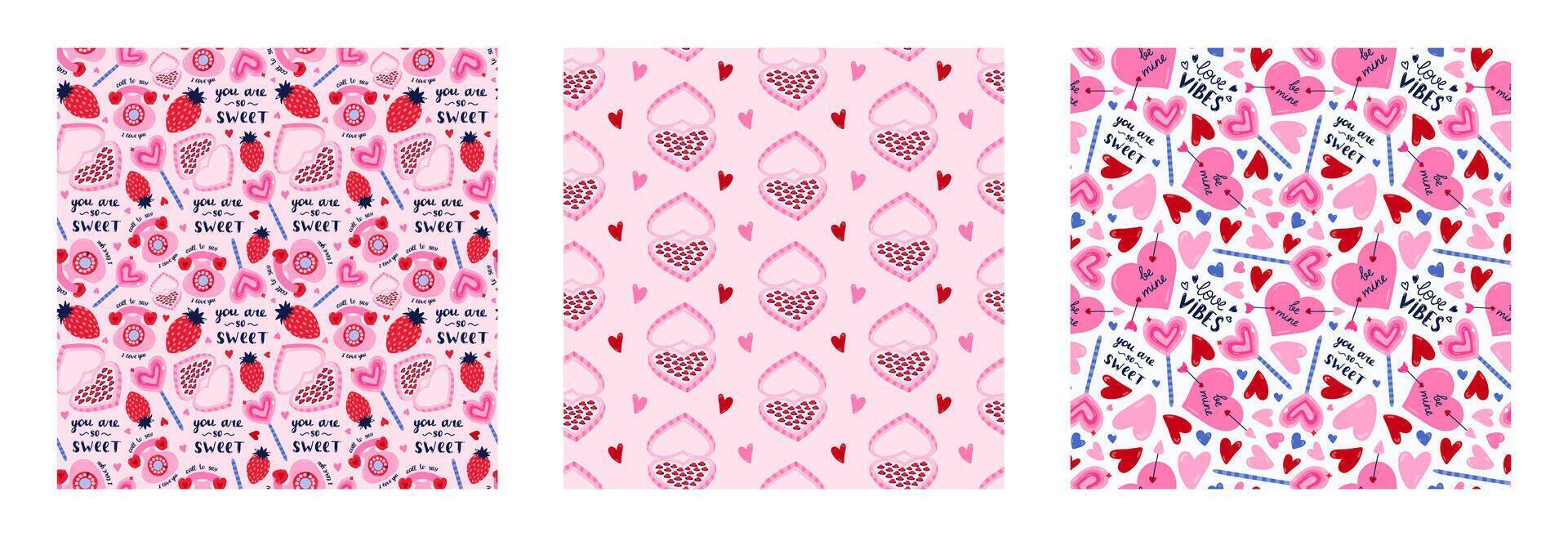 Set of romantic seamless pattern for Valentine's day. Simple print with hand drawn doodles about romance and love . Cute wallpaper print for fabric design for 14 February. Creative background vector