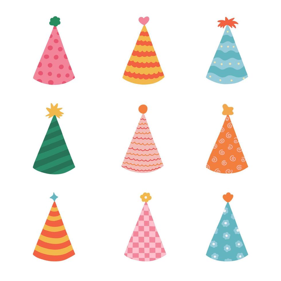 Cute set with simple birthday party hat in bright color with pompon above. Party cone and Christmas cap with cute decoration. Hand drawn vector colorful doodle isolated on white background