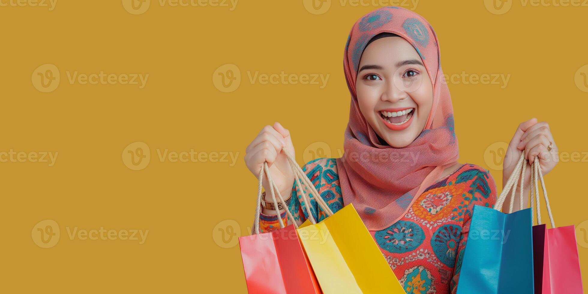 AI generated Smiling Woman with Shopping Bags Wearing a Hijab photo