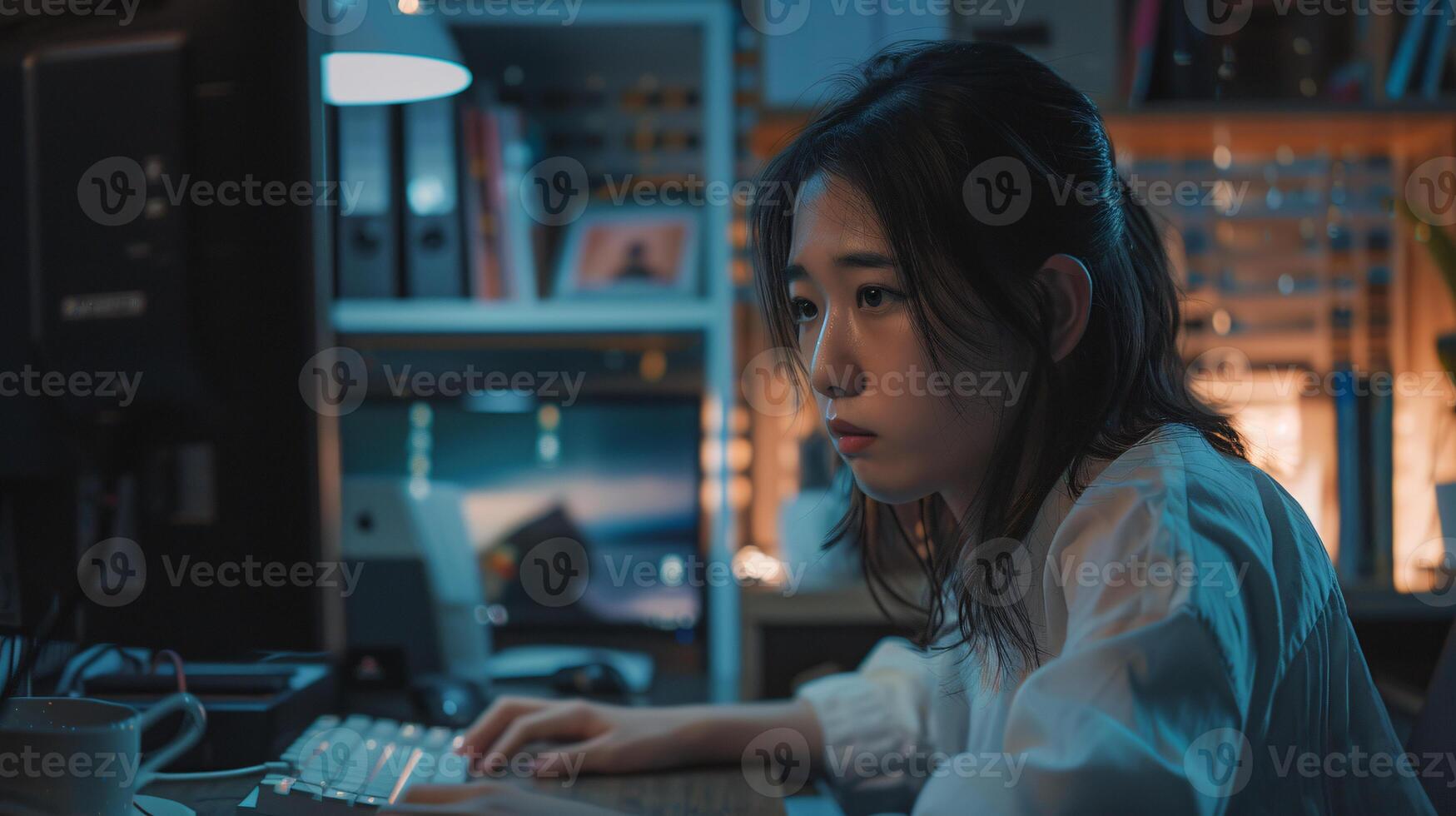 AI generated Stressed Young Woman Facing Deadline on Laptop at Night photo