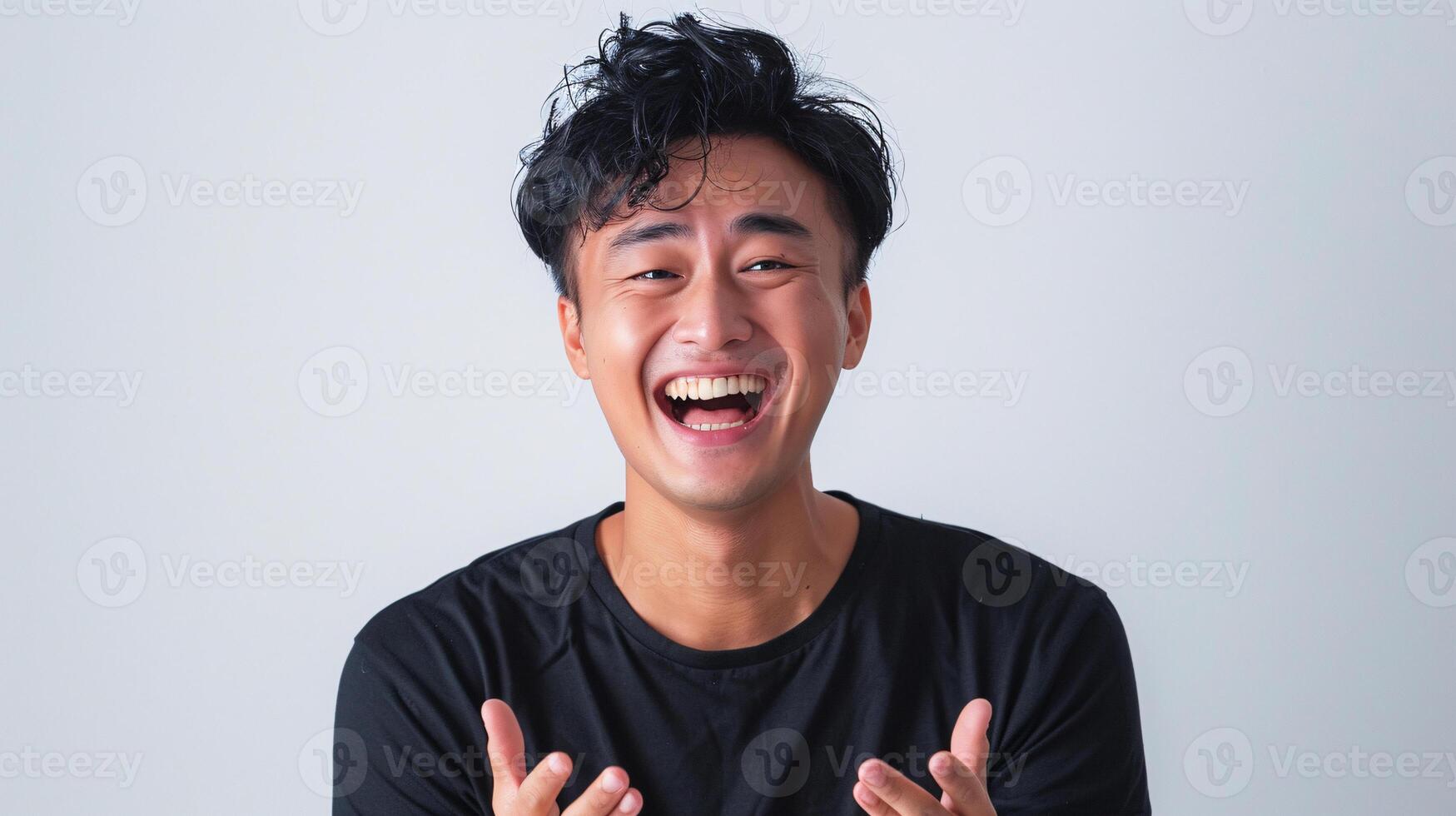 AI generated Cheerful Young Man Laughing with Hands on Chest photo