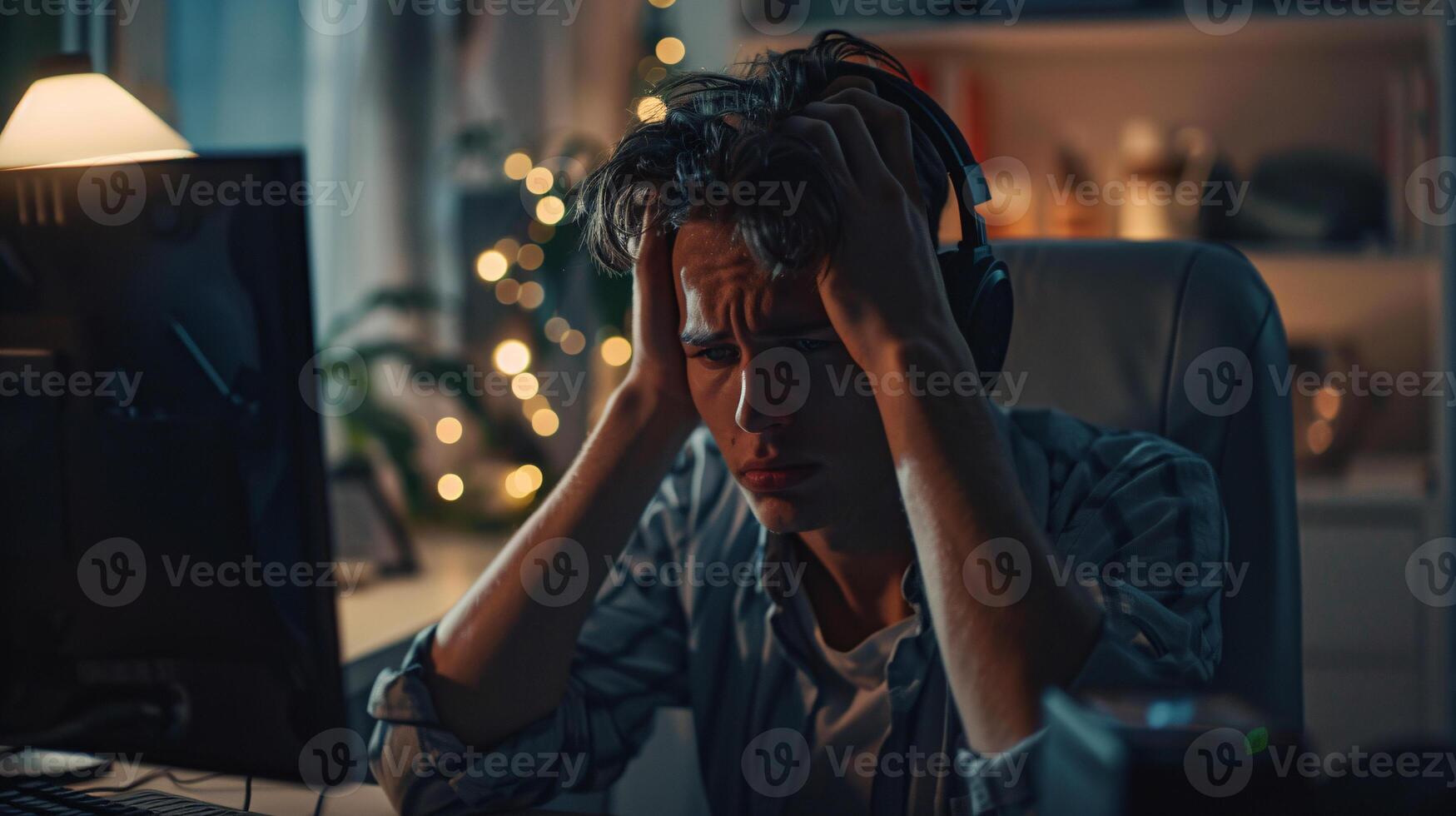 AI generated Tired Man Overwhelmed by Work at Computer Desk at Night photo