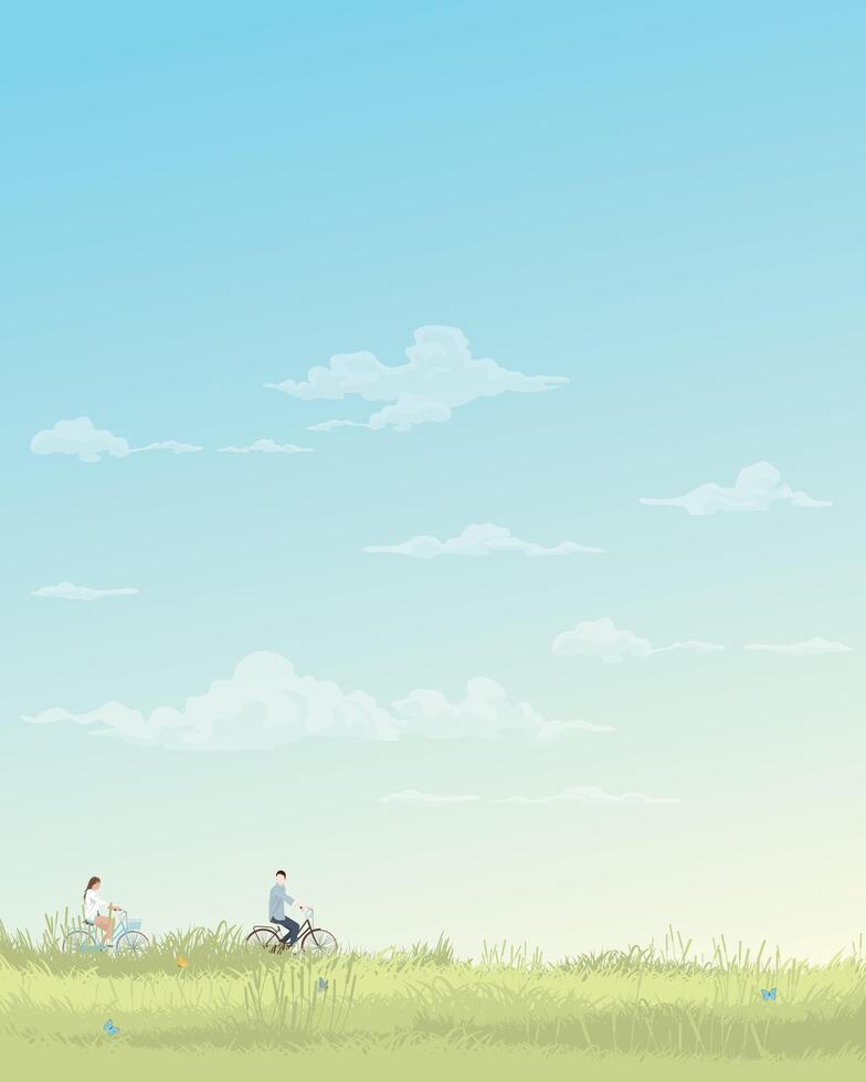 hombre y mujer montando bicicleta juntos con naturaleza paisaje primavera temporada plano diseño vector ilustración vertical forma tener blanco espacio.