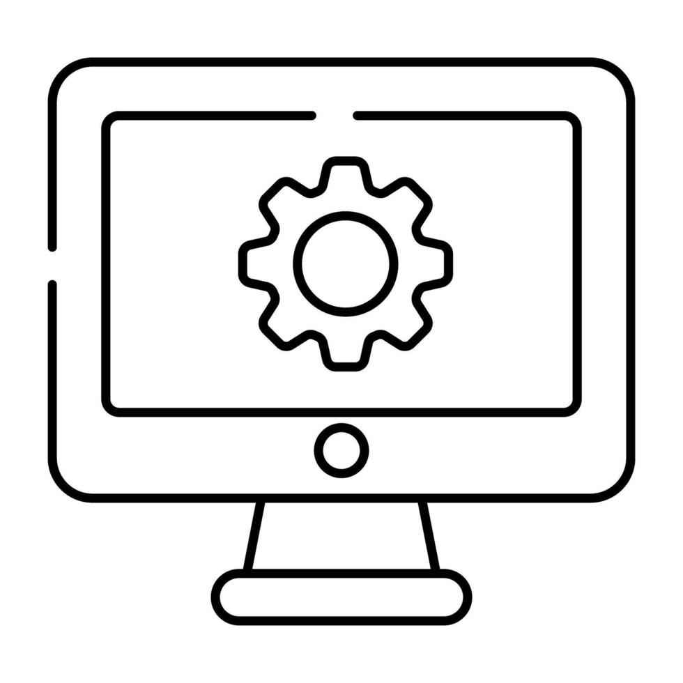 Gear inside monitor, linear design of computer setting vector