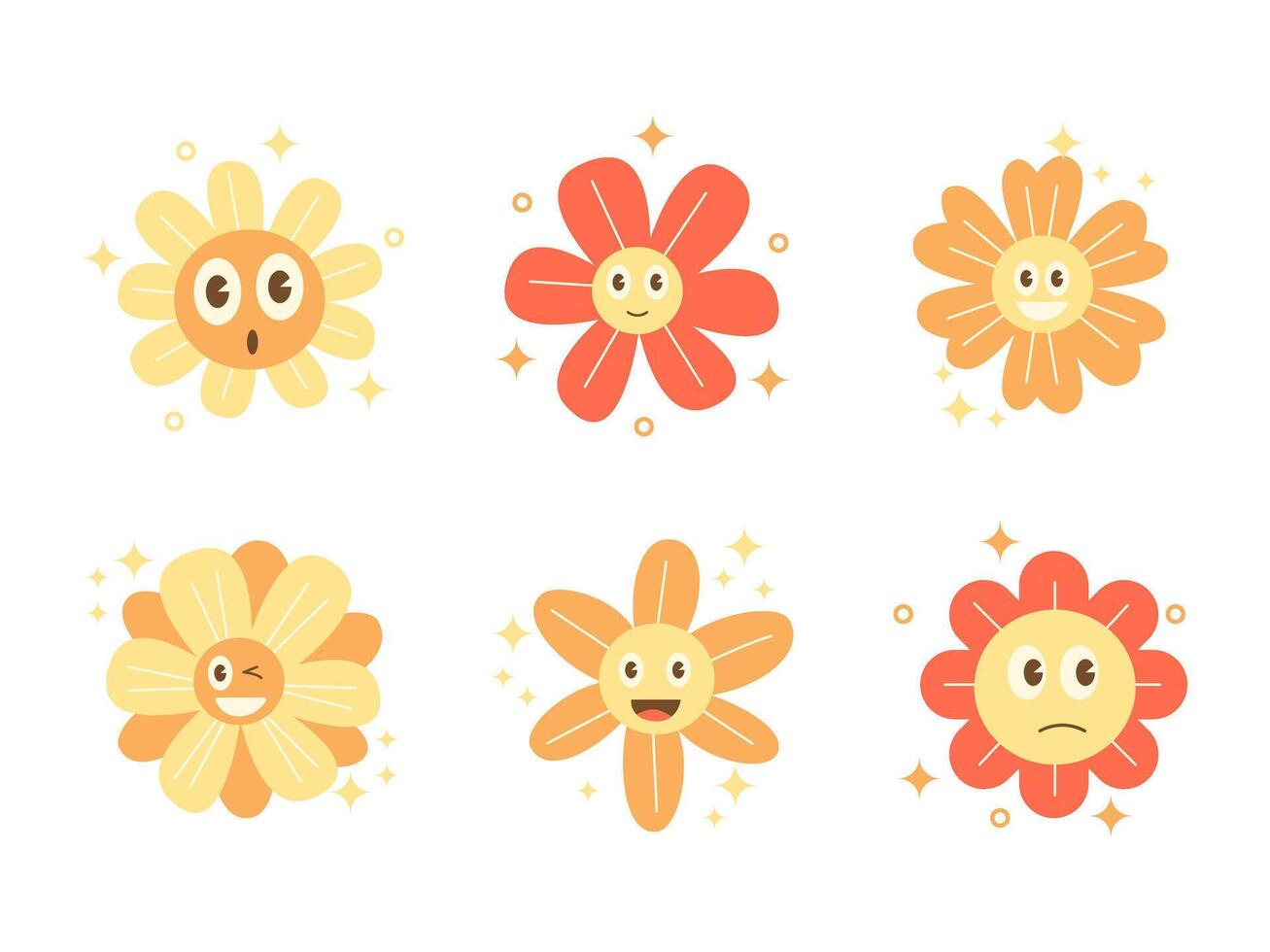 Cute Retro Groovy Flower Sticker set vector