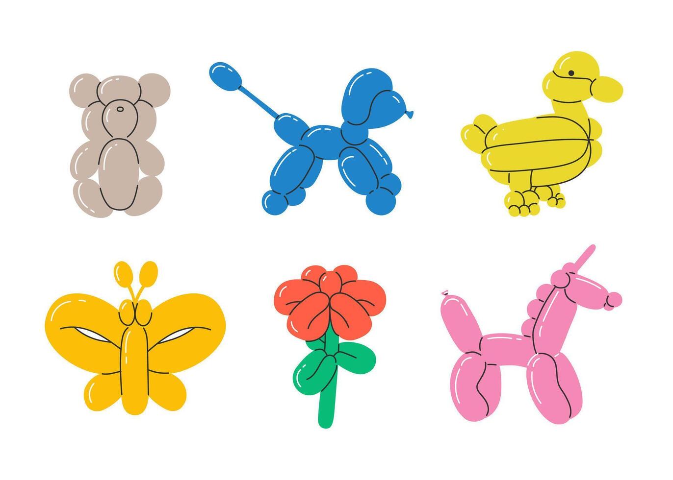 Balloon animals. Vector balloons. Simple illustrations.