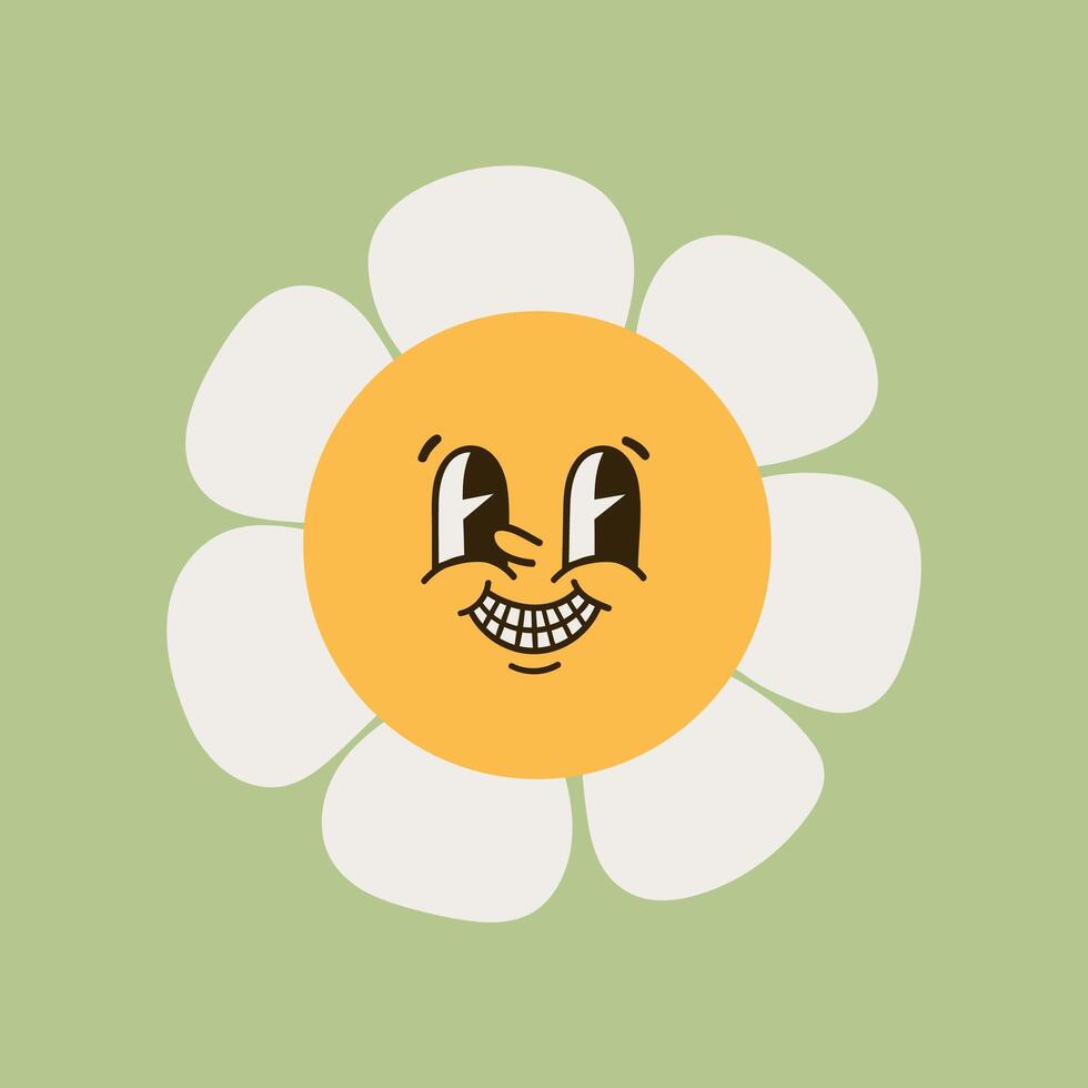 Collection of magnificent chamomile flowers. Retro daisy smiles in cartoon style. Set of happy 70s stickers. Vector graphic illustration in hippe style.