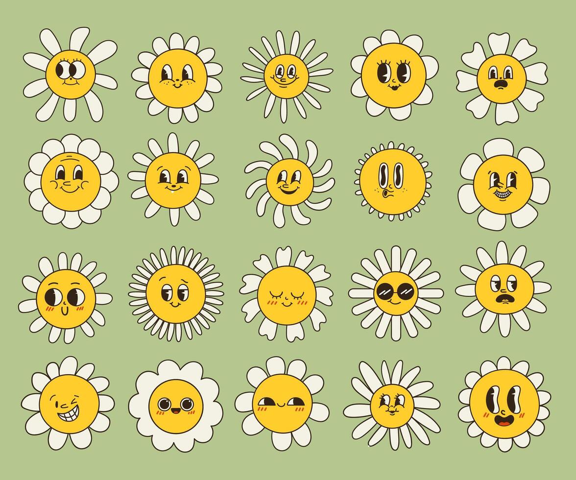 colección de magnífico manzanilla flores retro margarita sonrisas en dibujos animados estilo. conjunto de contento 70s pegatinas vector gráfico ilustración en hippie estilo.