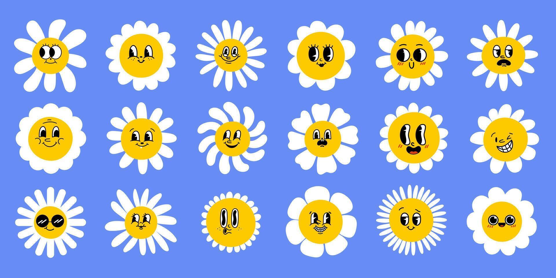 Collection of magnificent chamomile flowers. Retro daisy smiles in cartoon style. Set of happy 70s stickers. Vector graphic illustration in hippe style.