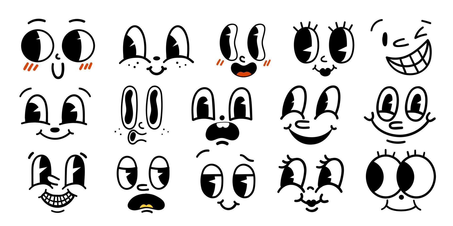 Set of 70s groovy comic faces vector. Collection of cartoon character faces, in different emotions, happy, angry, sad, cheerful. Cute retro groovy hippie illustration for decorative, sticker vector