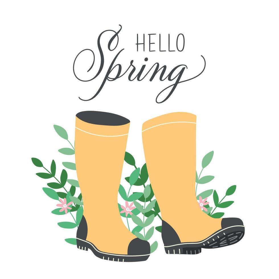 Happy spring. Rain boots with flowers and leaves. Wellies with green leaves banner isolated on white background. Hand drawn spring print, card, poster. Spring and easter holiday concept. vector