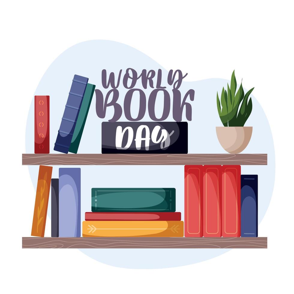 World book day. Book Shelf with books and potted plant. Stack of various books isolated on a white background. Pile of colorful books. Bookstore, bookshop, book lover concept. vector