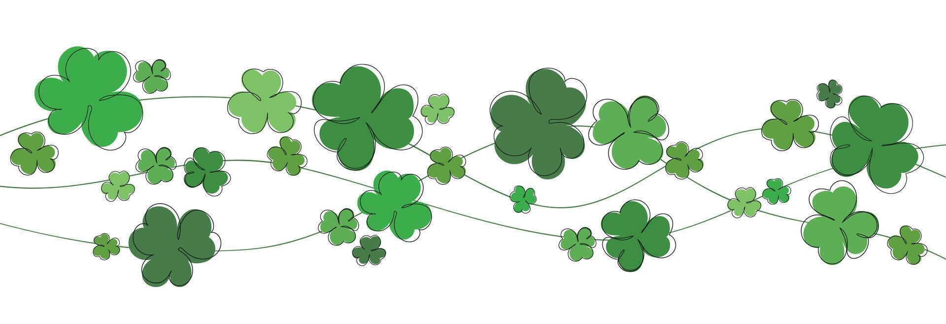 Lucky green clover for Irish festival St Patrick s day. Outline shamrock. Clover border divider line. St Patrick's day background with shamrock. Green beads with clover leaf, border, banner vector