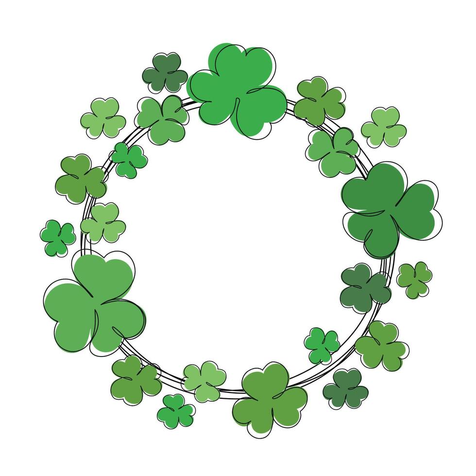 Lucky green clover frame for Irish festival St Patrick s day. Outline shamrock. Clover round frame line. St Patrick's day background with shamrock. vector